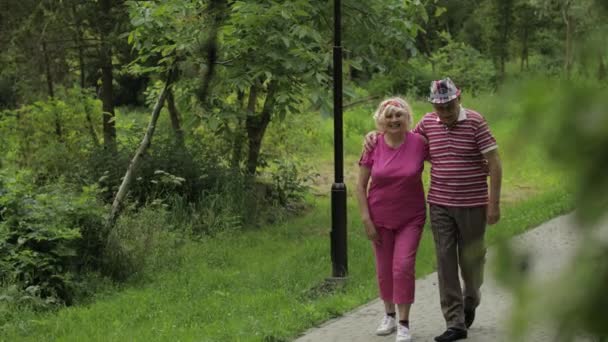 一对年长的高加索夫妇在公园的拥抱中散步。老年男子与女子同行。丈夫，妻子 — 图库视频影像