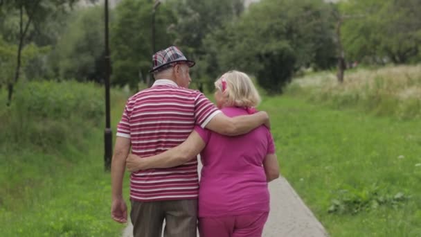 Oudere Kaukasische echtpaar wandelen in het park omarmen. Oudere man loopt met vrouw. Man, vrouw — Stockvideo