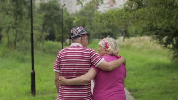 Coppia caucasica anziana che cammina nel parco abbracciando. L'uomo anziano cammina con la donna. Marito, moglie — Video Stock