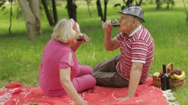 Hafta sonu parkta aile pikniği. Yaşlı bir çift battaniyeye oturur ve şarap içer. Öpüşmek. Aşk