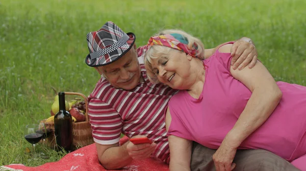 Сімейний пікнік на вихідні. Старша пара старих бабусь і дідусів у парку, використовуючи смартфон онлайн-перегляд, балачка — стокове фото