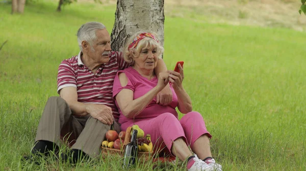 Семейный пикник. Старшие бабушка и дедушка пара в парке с помощью смартфона онлайн просмотра, покупки — стоковое фото