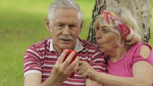 Семейный пикник. Старшие бабушка и дедушка пара в парке с помощью смартфона онлайн просмотра, покупки — стоковое фото