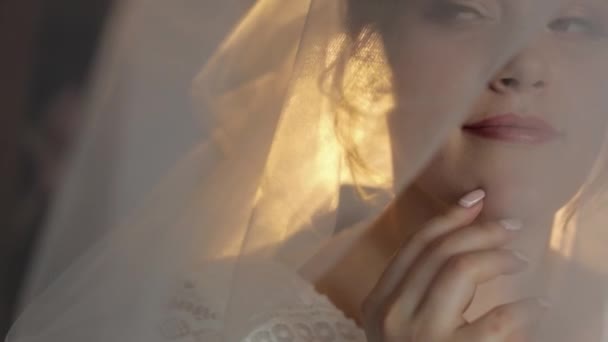 Bellissimo ritratto di sposa sotto il velo. Faccia in primo piano. Una donna bellissima. Matrimonio. Primo piano del viso. — Video Stock