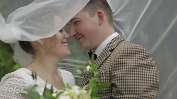 Friss házasok. Fehér vőlegény menyasszonnyal maradjon fátyol alatt a parkban. Esküvői pár. Szerelmes férfi és nő — Stock videók
