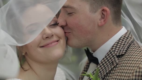 Les jeunes mariés. Le marié caucasien avec la mariée reste sous le voile dans le parc. Un couple. Homme et femme amoureux — Video