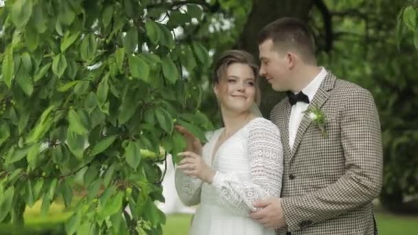 Recién casados. novio caucásico con novia caminando, abrazando, abrazos en el parque. Pareja de boda — Vídeos de Stock