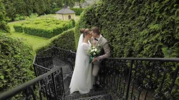 Νιόπαντροι. Καυκάσιος γαμπρός με νύφη μένουν στις σκάλες στο πάρκο. Γαμήλιο ζευγάρι. Ερωτευμένοι άντρες και γυναίκες — Αρχείο Βίντεο