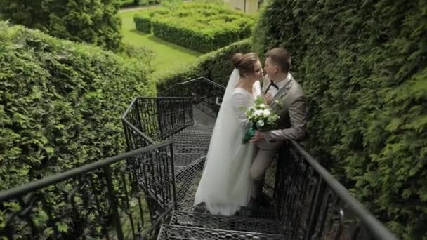 Recién casados. El novio caucásico con la novia se quedan en las escaleras en el parque. Pareja de bodas. Hombre y mujer enamorados — Vídeo de stock