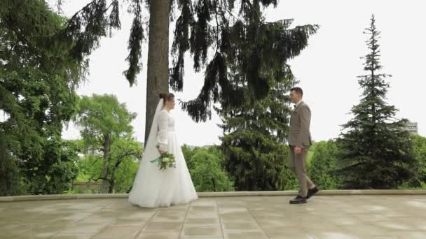 Nygifta. Vit brudgum med brud som dansar i parken. Bröllopspar. Man och kvinna förälskade — Stockvideo