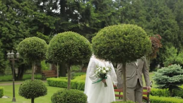Newlyweds. Caucasian groom with bride walking in park. Wedding couple. Man and woman in love — Stock Video