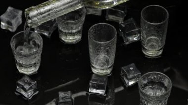 Barmen şişeden shot bardağına donmuş votka döktü. Koyu siyah arkaplana karşı buz küpleri