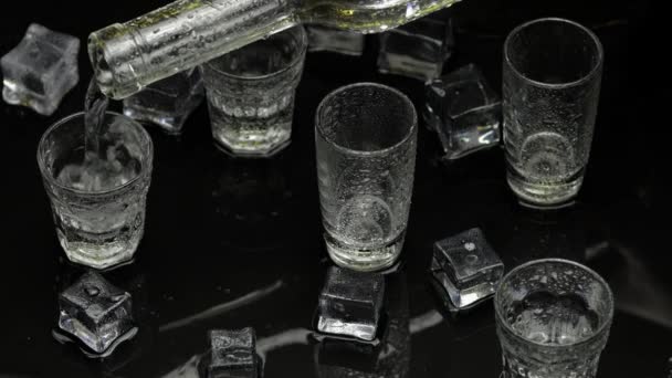 A csapos hideg vodkát önt a palackból a felespohárba. Jégkockák ellen sötét nedves fekete háttér — Stock videók