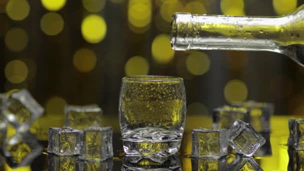Barman giet bevroren wodka uit fles in borrelglas. IJsblokjes tegen glanzend goud partij achtergrond — Stockvideo