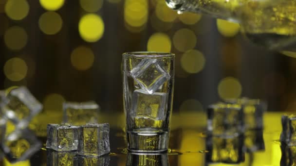 Il barman versa la vodka congelata dalla bottiglia nel bicchierino. cubetti di ghiaccio contro lucido oro partito sfondo — Video Stock