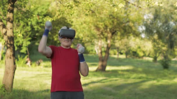Starszy dziadek w kasku VR wykonujący ćwiczenia fitness z hantlami w parku — Wideo stockowe