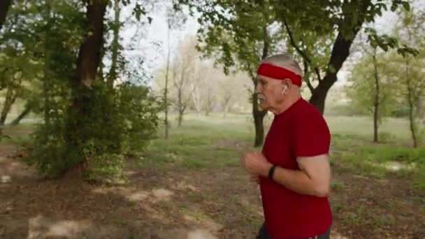 Uomo anziano che corre lungo la strada nel parco. Matura corridore uomo formazione, ascoltare musica — Video Stock