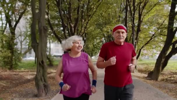 Casal idoso idoso ativo fazendo exercício cardio manhã. Homem, mulher correndo no parque da cidade. — Vídeo de Stock