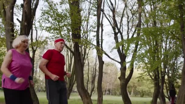 Sportief volwassen stel dat samen jogt. Senior man en vrouw doen cardiotraining — Stockvideo