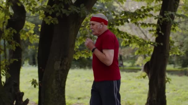 Man senior person som springer längs vägen i parken. Gammal löpare man utbildning, lyssna musik — Stockvideo