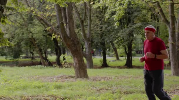 Man senior persoon loopt langs de weg in het park. Volwassen hardloper opleiding, muziek luisteren — Stockvideo