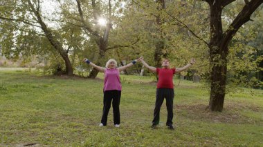 Aktif kıdemli çift sabah parkta egzersiz yapıyor. Fitness ailesi eğlencesi.