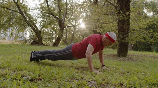 アクティブシニア男性は公園で物理的な演習をプッシュアップします。祖父のトレーニングフィットネスワークアウト — ストック写真