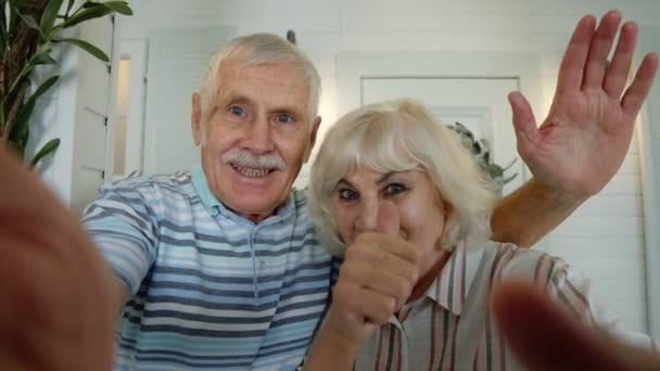 Старший чоловік, жінка робить селфі-відео дзвінок, приймає, сміється, махає руками, в ганку вдома — стокове відео
