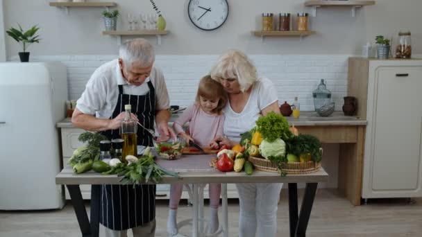 Abuelos ancianos en la cocina enseñando a la nieta a cocinar ensalada, picando pimiento rojo — Vídeos de Stock