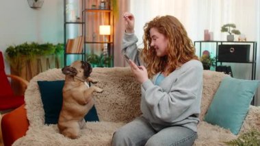 Beyaz saçlı genç bir kadın akıllı telefonuyla evde kanepede oturan köpeğinin fotoğrafını çekerken gülümsüyor. Kız tatlı bir anı yakalar ve tüylü arkadaşı ve kamerasıyla eğlenceli bir bağ kurar..