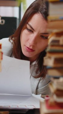 Yorgun Kafkasyalı iş kadını, ofis masasında çalışırken evrak raporlarına bakıyor. Yalnız başına stresli kız çaresizlik içinde kafaya dokunuyor. Masadaki kitap yığınlarıyla çevrili..