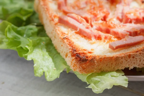 Sandwich on the plate with lettuce. Cheese and ham — Stock Photo, Image