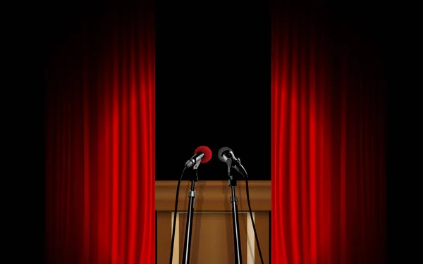 Microphone sur le podium retour le rideau rouge — Image vectorielle