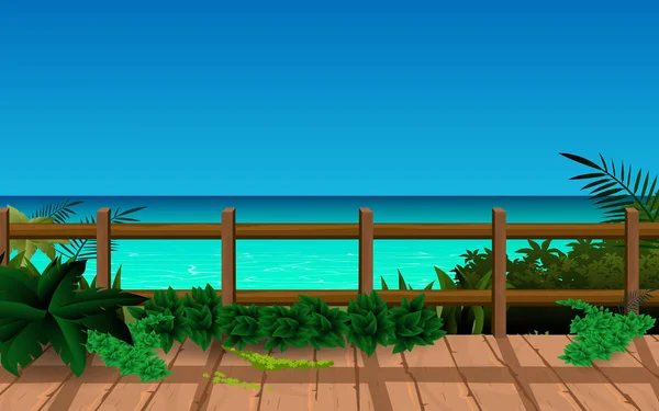 Passerelles en bois avec eau claire à la plage — Image vectorielle