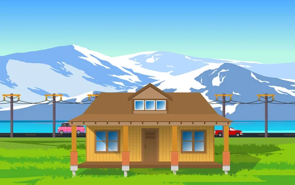 Casa en el campo de hierba — Vector de stock