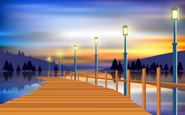 Краєвид дерев'яної доріжки на річці на заході сонця — стоковий вектор