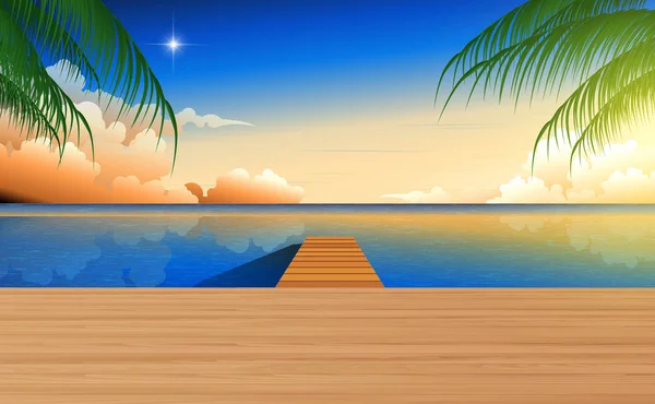 Landschap van houten loopbrug op het strand in zonsondergang — Stockvector