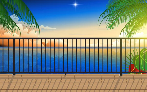 Paisaje de balcón en la playa al atardecer — Vector de stock