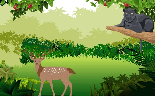 Pantera negra en el árbol con ciervos en la selva — Vector de stock