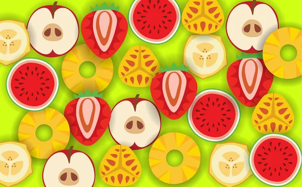 Ανάμεικτα φρούτα στο πράσινο φόντο — Διανυσματικό Αρχείο