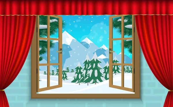 Paisaje de montaña en el invierno en las ventanas — Vector de stock