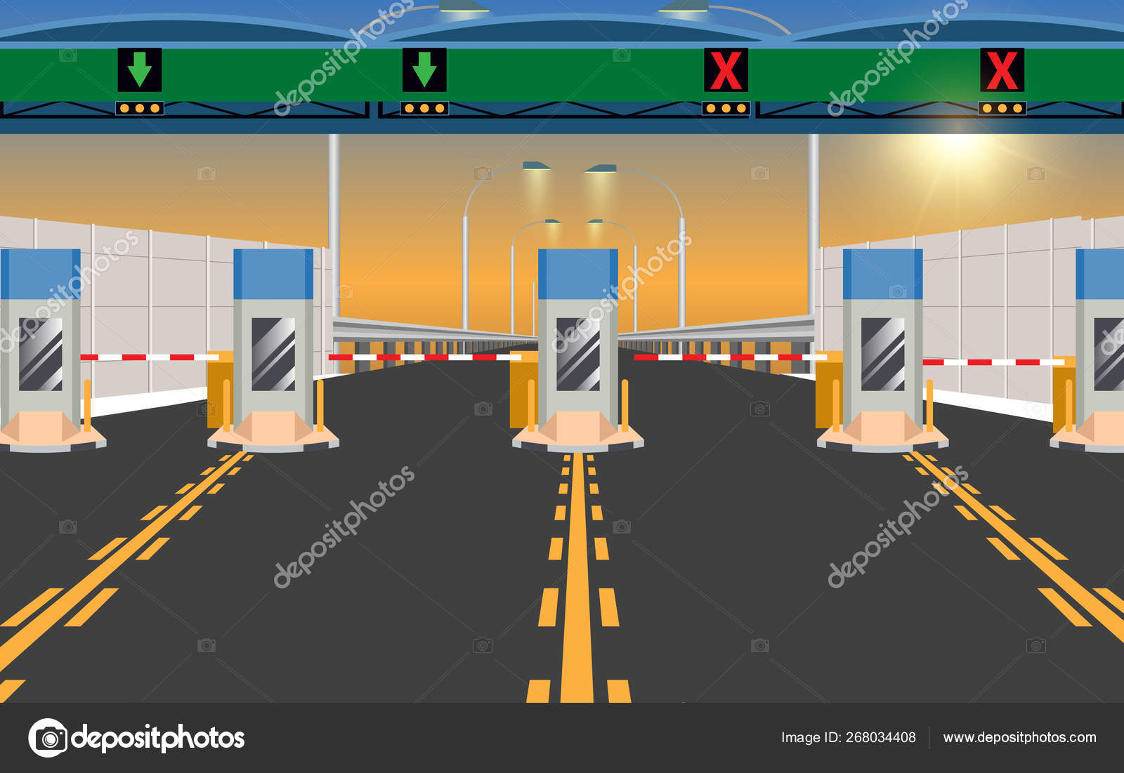 View of expressway tollgate in sunset Stock Vector Image by