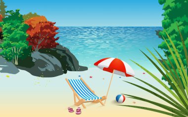 Gündüz plajda plaj sandalyesi ve şemsiye