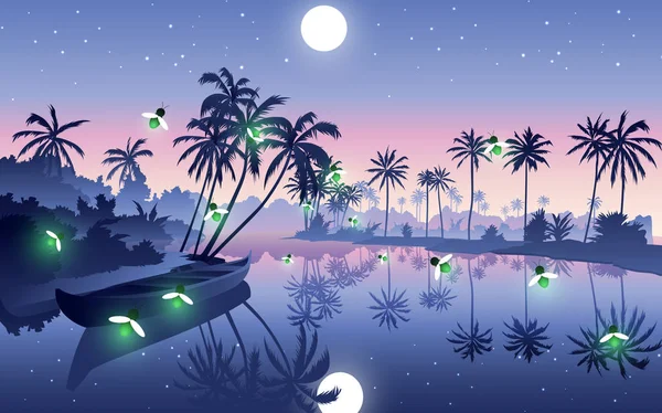 Lucioles au bord de la rivière dans la jungle — Image vectorielle