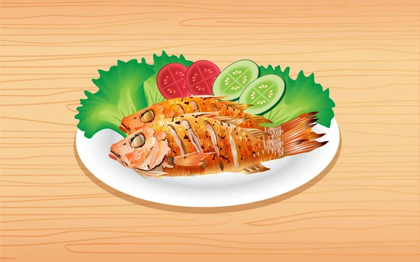 Pescado Frito Con Verduras Plato Mesa Madera — Vector de stock