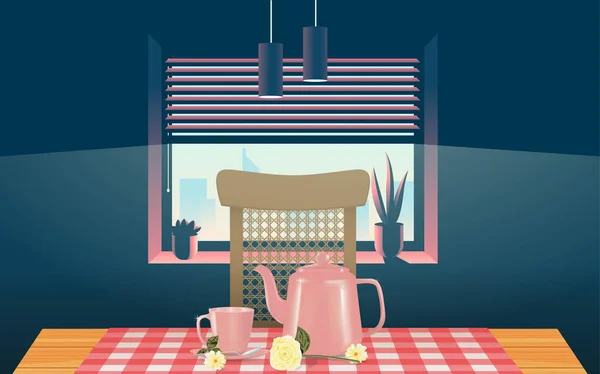 Şehirde odada pencerede ahşap masada sıcak çay — Stok Vektör