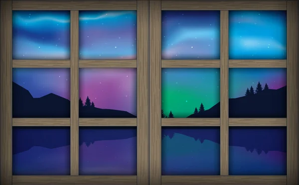 Vista de coloridas luces boreales en las ventanas en la noche — Archivo Imágenes Vectoriales