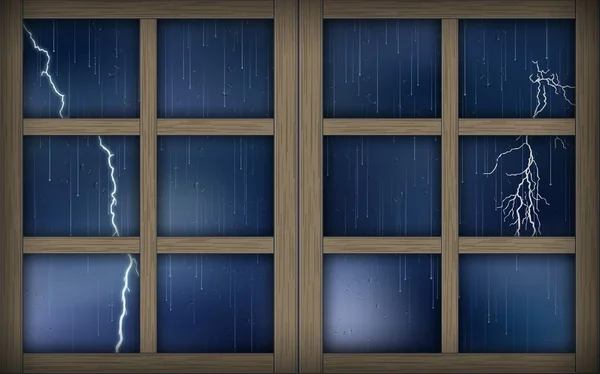 Lluvia y relámpagos en la ventana — Vector de stock