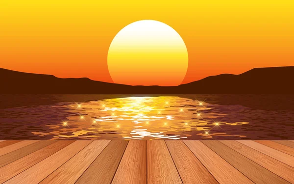 Vue sur le soleil sur le plancher de bois à la rivière le matin — Image vectorielle