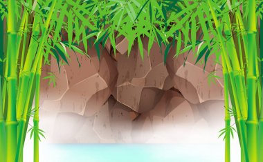 kaya dağıüzerinde bambu ormanda kaplıca manzara